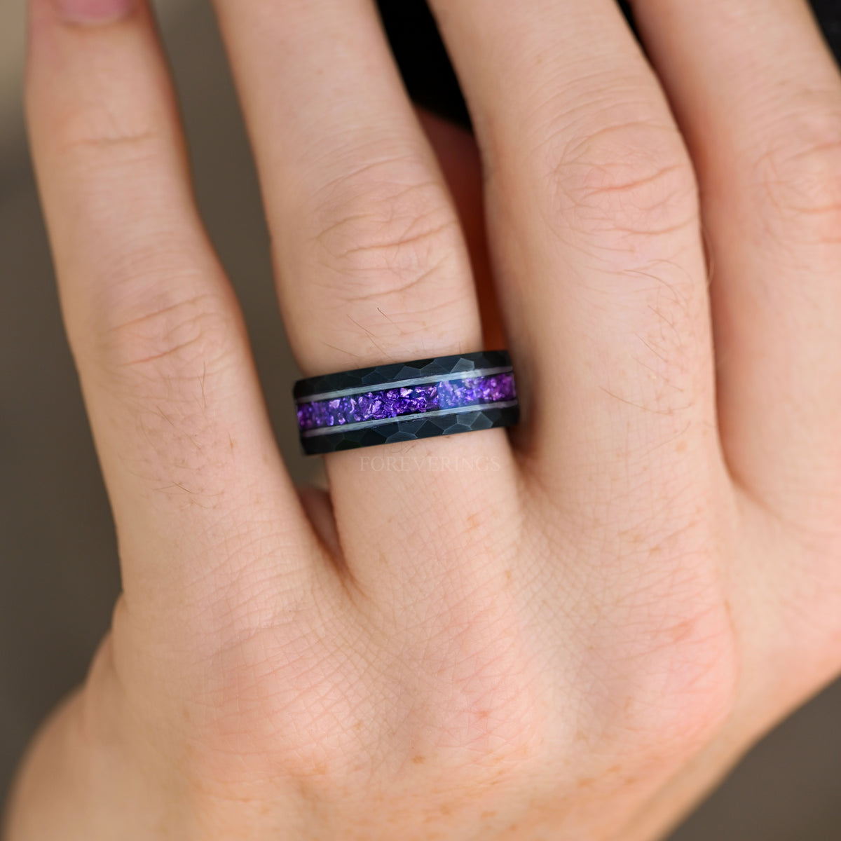 Men's Amethyst Ring – Purple & Black Hammered Tungsten Wedding Band, Comfort Fit, Unique Anniversary Gift