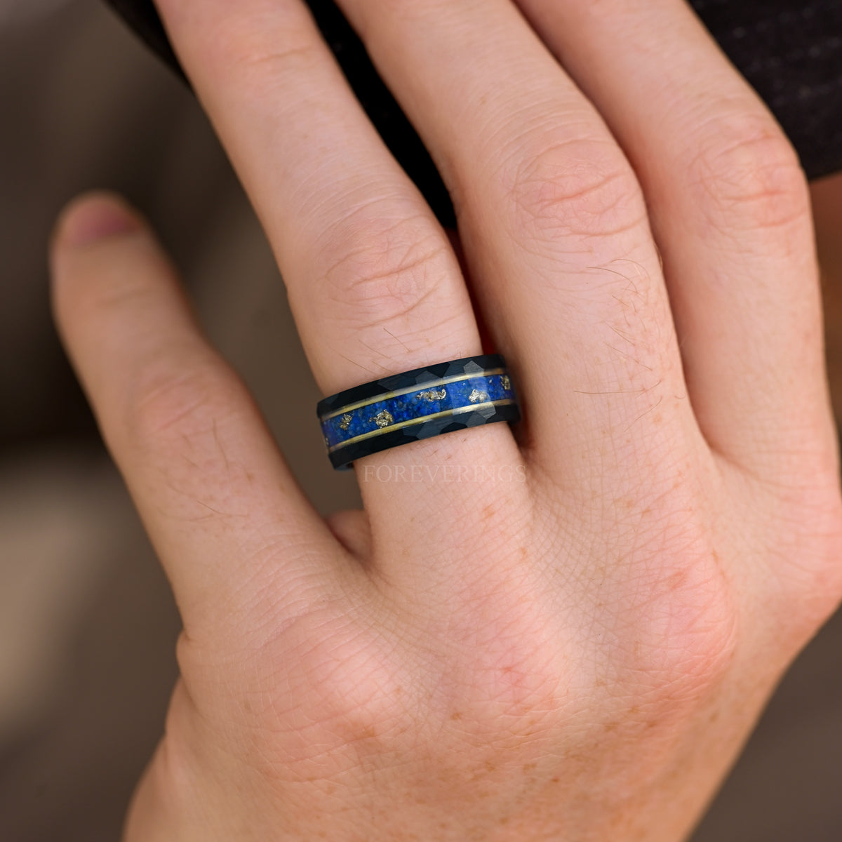 Lapis Lazuli Ring Men, Gold Leaf Wedding Band, Black and Gold, Blue Tungsten Ring, Hammered Band, Promise Ring for Him, Engrave