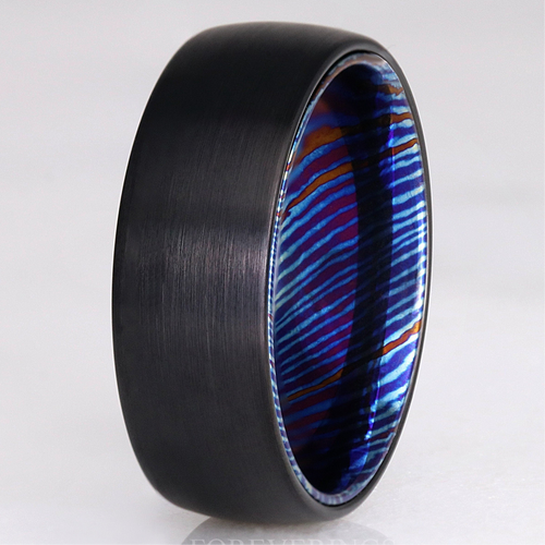 Timascus Ring Men, Damascus Wedding Band, Black Tungsten, Man Simple and Unique Ring, Matte Brushed, Dome, Black and Blue Ring, Engraving