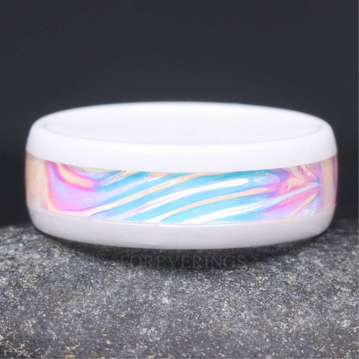 Caribbean Mens Wedding Band – White Ceramic Beach Ring, Dichrolam Blue, Unique Promise Ring for Him, Anniversary Gift, 8mm Trendy Mens Ring