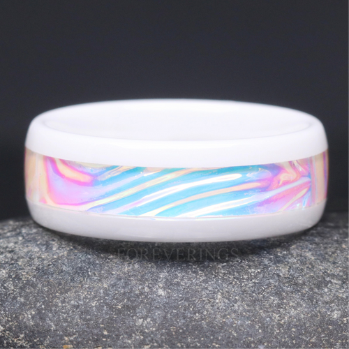 Caribbean Mens Wedding Band – White Ceramic Beach Ring, Dichrolam Blue, Unique Promise Ring for Him, Anniversary Gift, 8mm Trendy Mens Ring