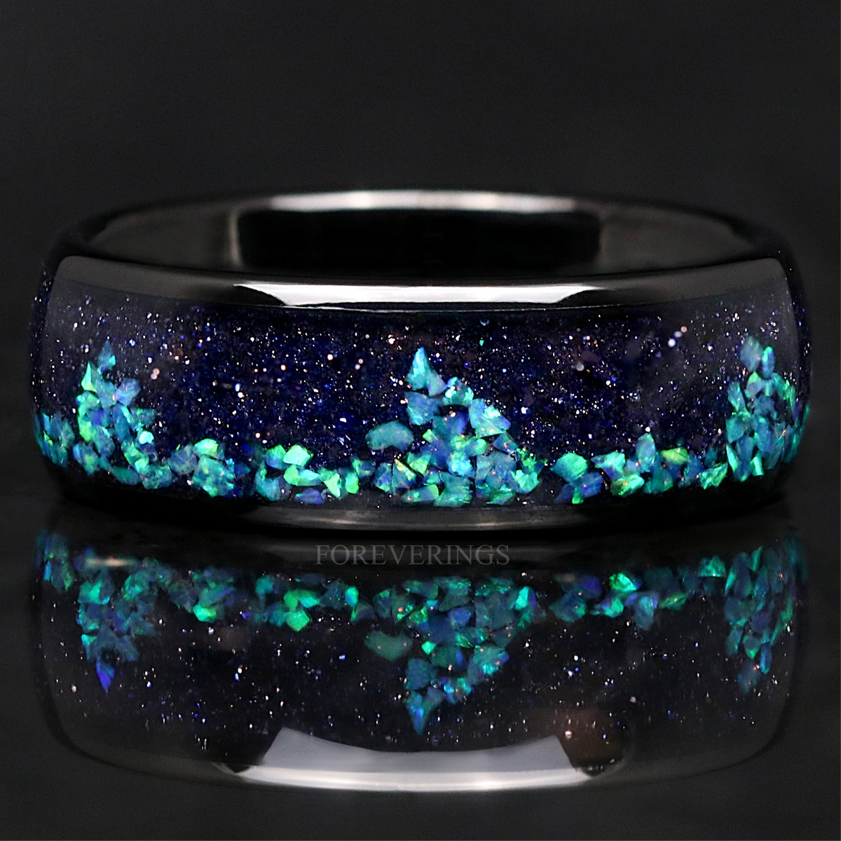 Wave Opal Blue Sandstone Inlay | Men's Black Tungsten Wedding Band