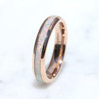 His & Hers Opal Tungsten Wedding Bands, White Fire Opal, Rose Gold Ring Set, 8mm-4mm Couples Rings, Dome Polished Finish, Promise Ring Set