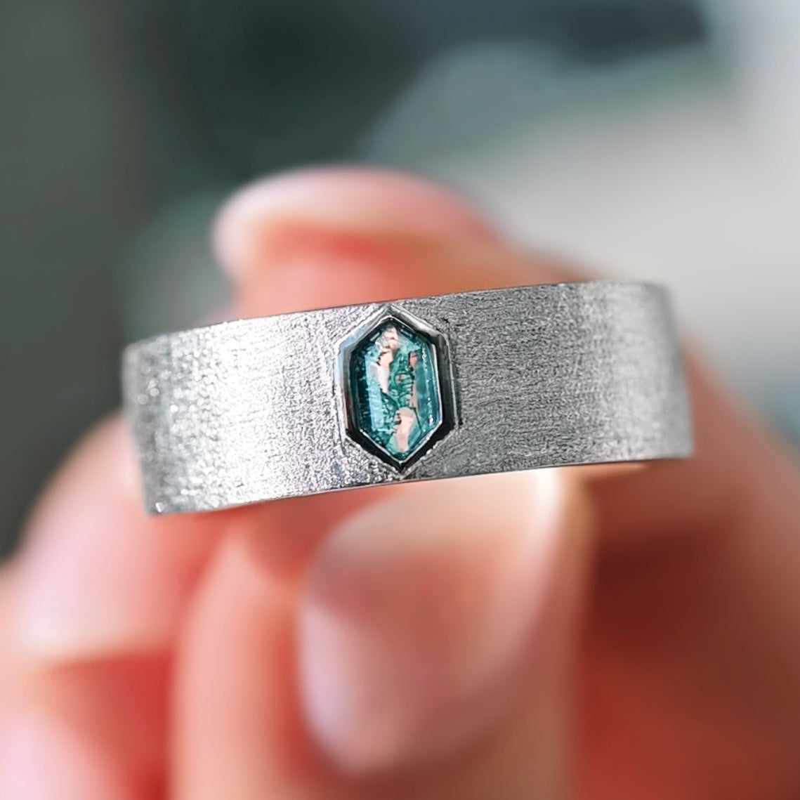 Green Moss Agate Mens Engagement Ring, Flat Brushed Sterling Silver Band