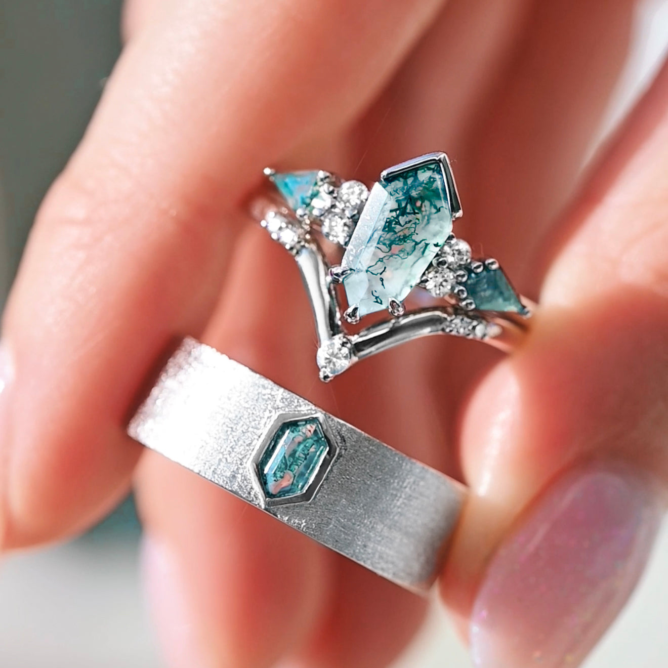 Green Moss Agate Couples Ring Set – 925 Sterling Silver Alternative Engagement Ring