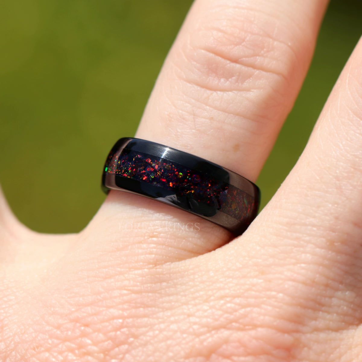 His and Hers Tungsten Wedding Band, Crushed Black Fire Opal Ring, 8mm & 4mm Black Tungsten Ring Set, Couples Ring, Polish, Dome, Comfort Fit
