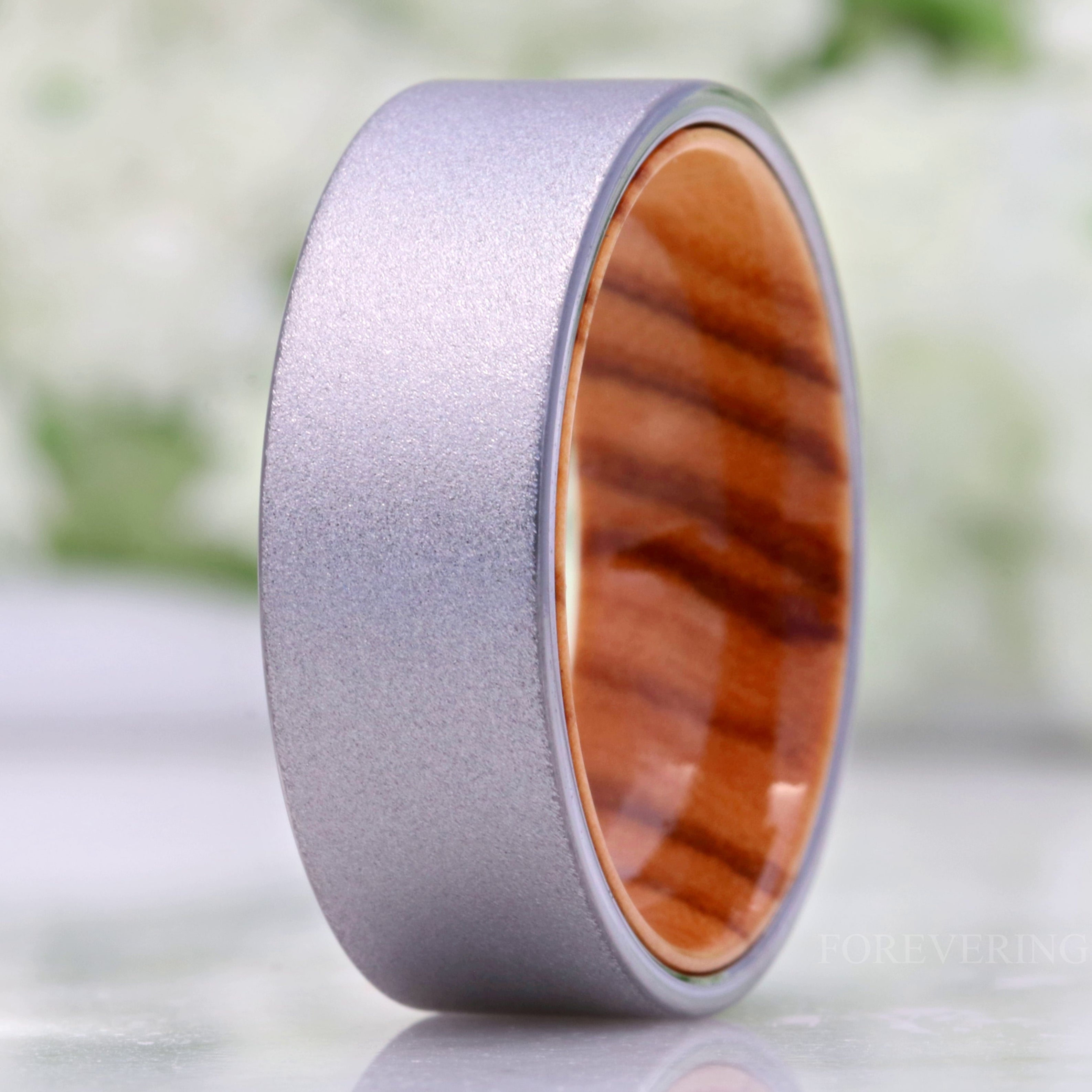 Man Wood Wedding Band, Metal and Wood, Olive Wood, Tungsten Ring, Sandblasted, 8mm Silver Band, Flat, Birthday Anniversary Gift for Him