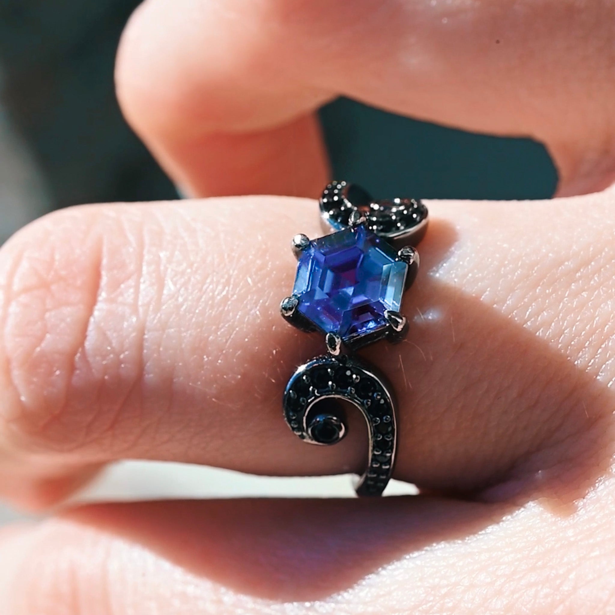 Gothic Alexandrite Engagement Ring | Hexagon Twirl Setting