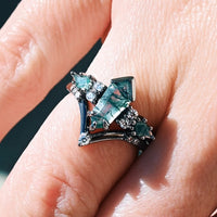 Kite Cut Moss Agate Engagement Ring Set | Couples Matching Bands
