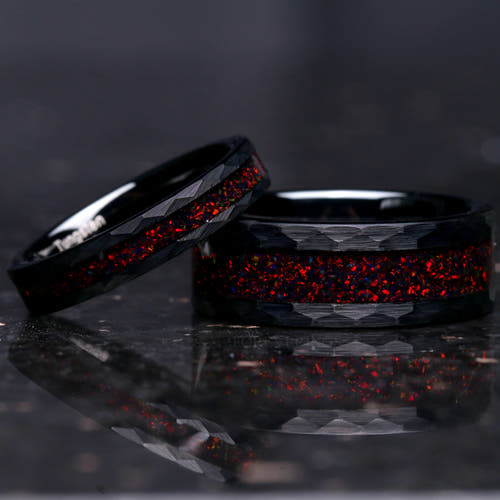Matching hammered black tungsten couples ring set with black fire opal inlay, 8mm and 4mm