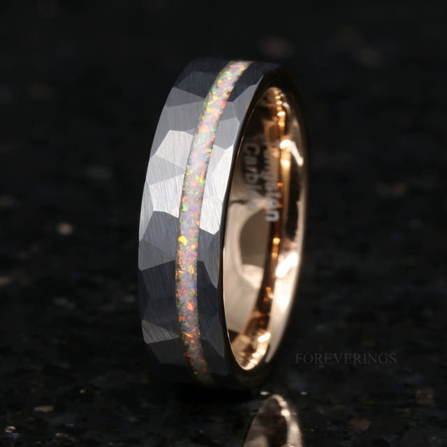 Men's 6mm hammered silver tungsten band with a white fire opal stripe and rose gold interior