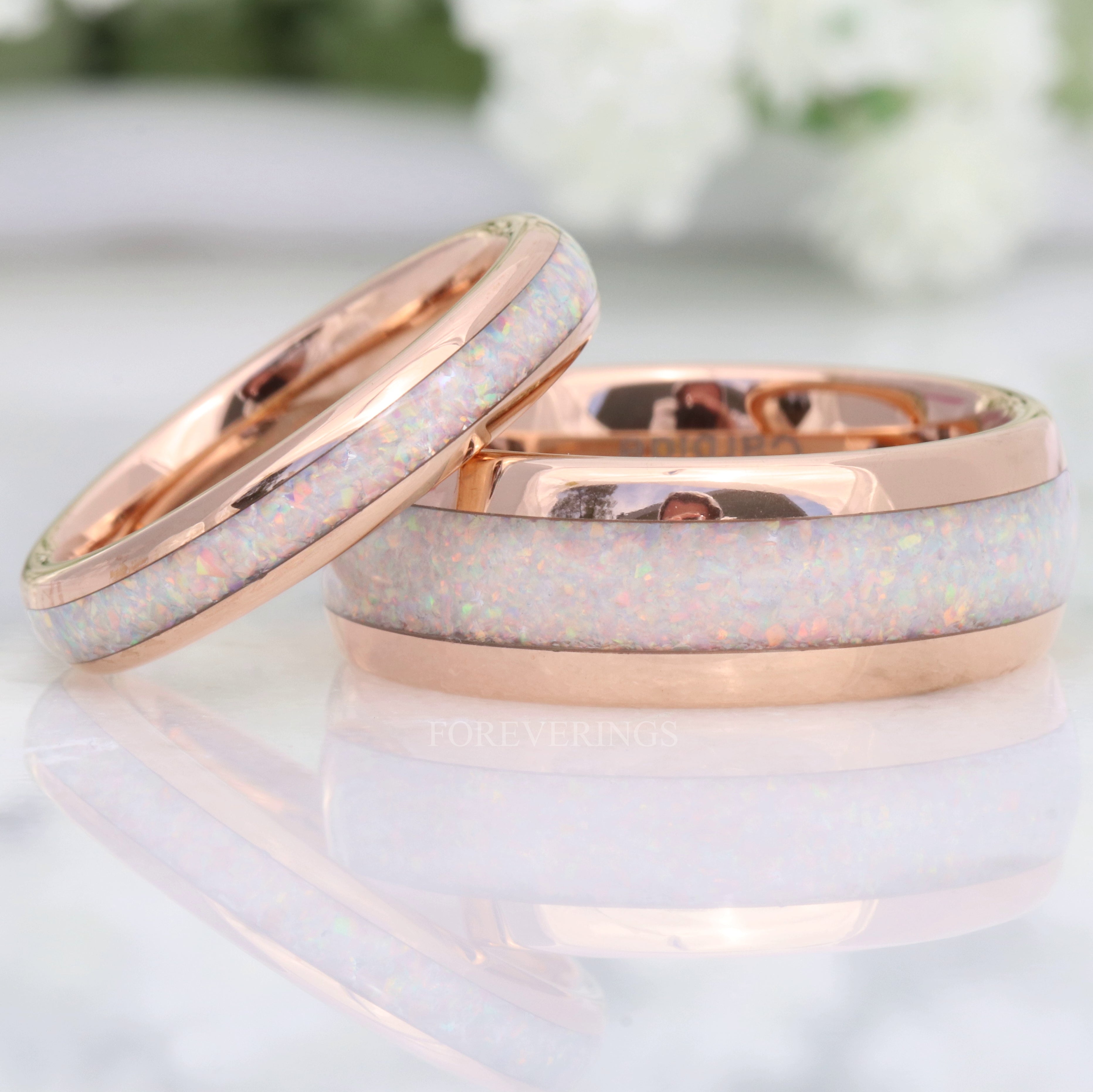 His & Hers Opal Tungsten Wedding Bands, White Fire Opal, Rose Gold Ring Set, 8mm-4mm Couples Rings, Dome Polished Finish, Promise Ring Set