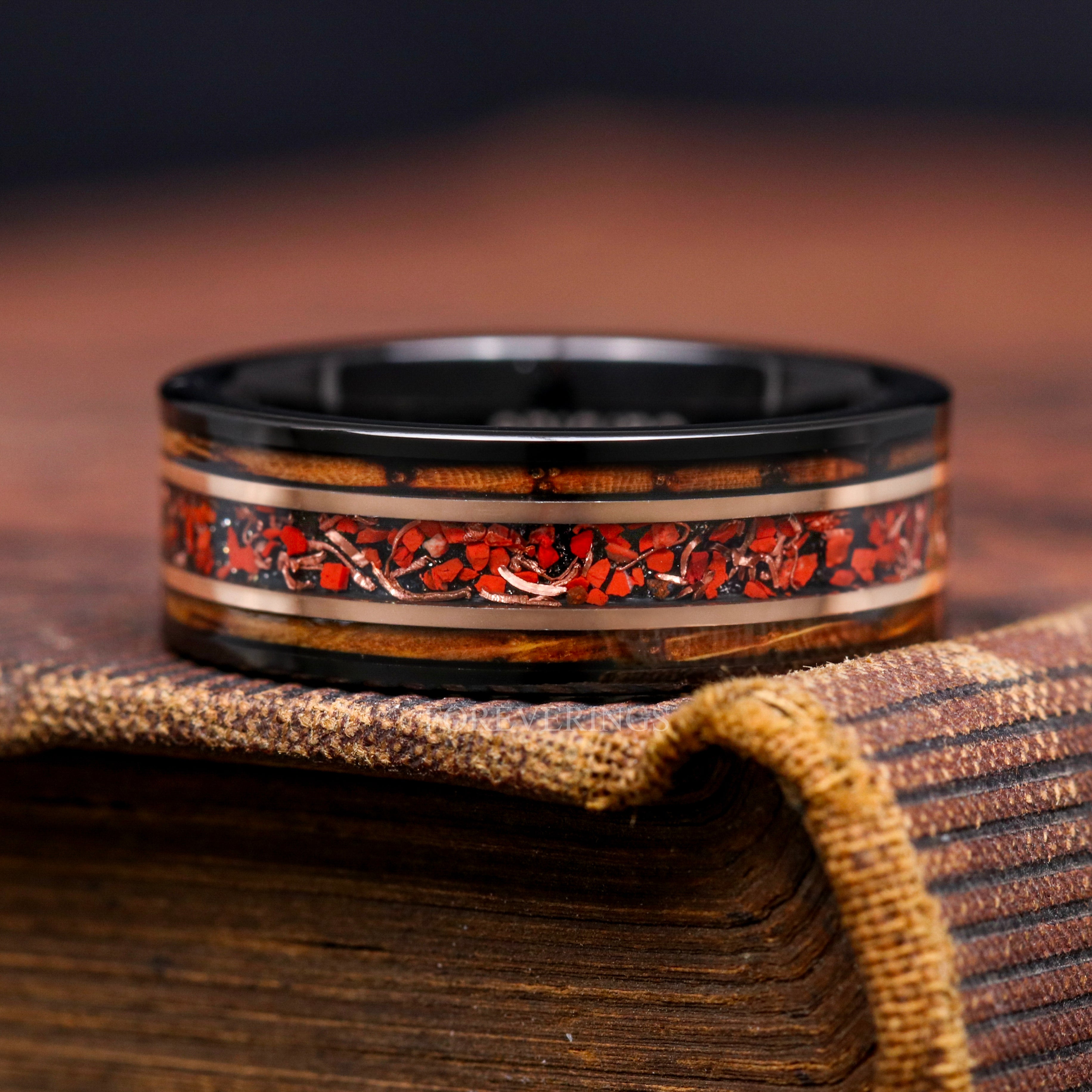 Whiskey wood tungsten ring rose gold flakes