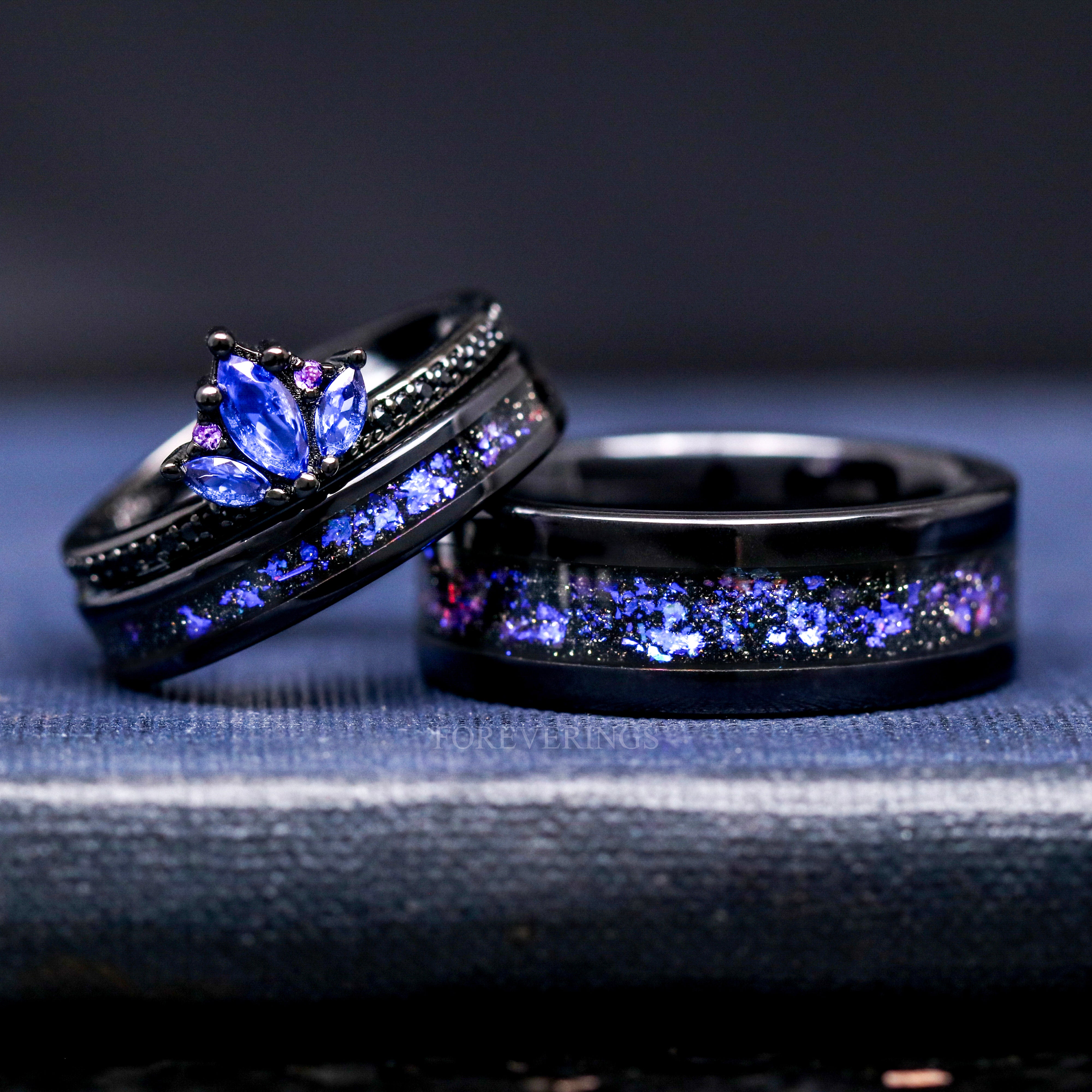 Blue Lotus Engagement Ring, Unique Women Wedding Ring, Orion Nebula Black Space Ring, Personalized Promise Ring Gift for Her, Cosmic Jewelry