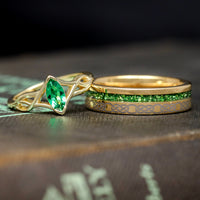 His and Her Celtic Knot Ring Set, Gold Emerald Wedding Bands, 925 Silver and Tungsten Promise Rings, Minimalist Couples Engagement Ring Set