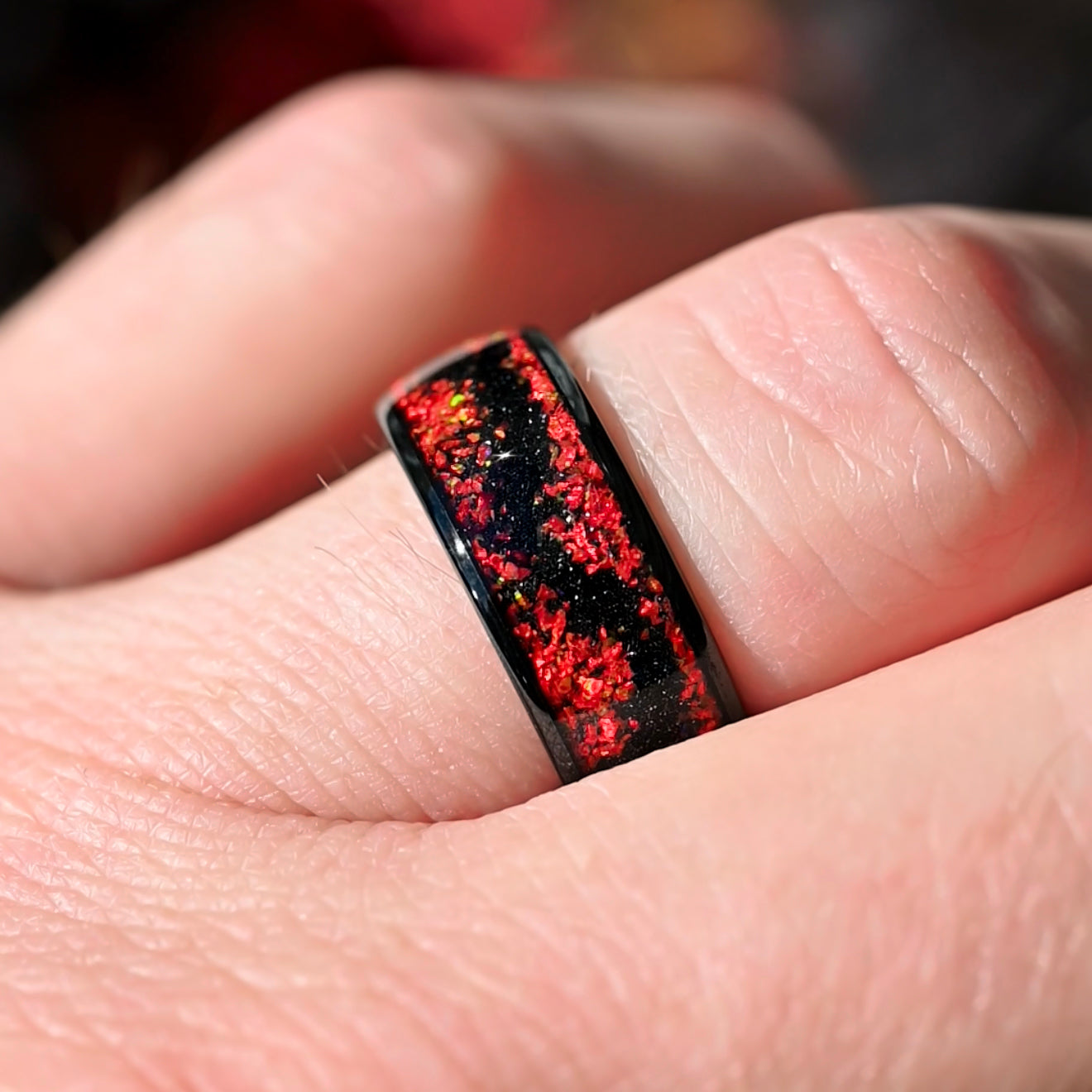 Lava Red Opal Ring, 8mm Black Tungsten Band, Men’s Wedding Ring, Crushed Fire Opal, Polished Dome, Unique Promise Ring