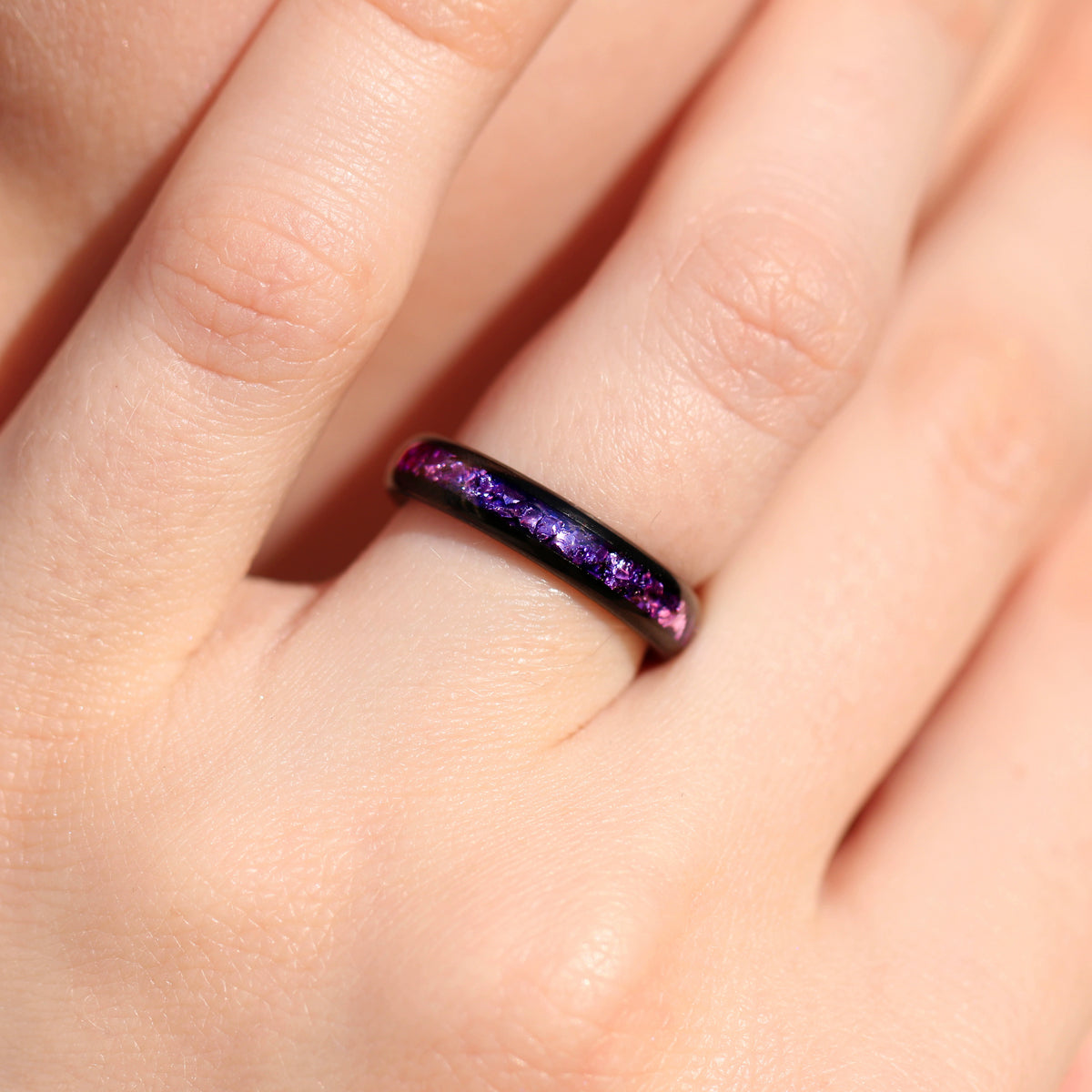 Amethyst Wedding Band, Purple Ring, Black Tungsten Ring, Dome Polish Comfort Fit, Women & Men, 4mm Stackable Purple Band, Anniversary Gift
