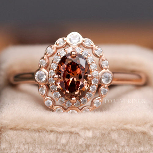Women's art deco smoky quartz engagement ring in rose gold sterling silver, oval halo close-up