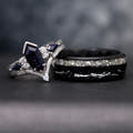 Matching fantasy couples ring set: blue sandstone engagement ring in sterling silver and 8mm black tungsten band