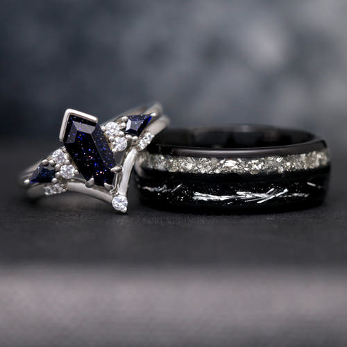 Matching fantasy couples ring set: blue sandstone engagement ring in sterling silver and 8mm black tungsten band