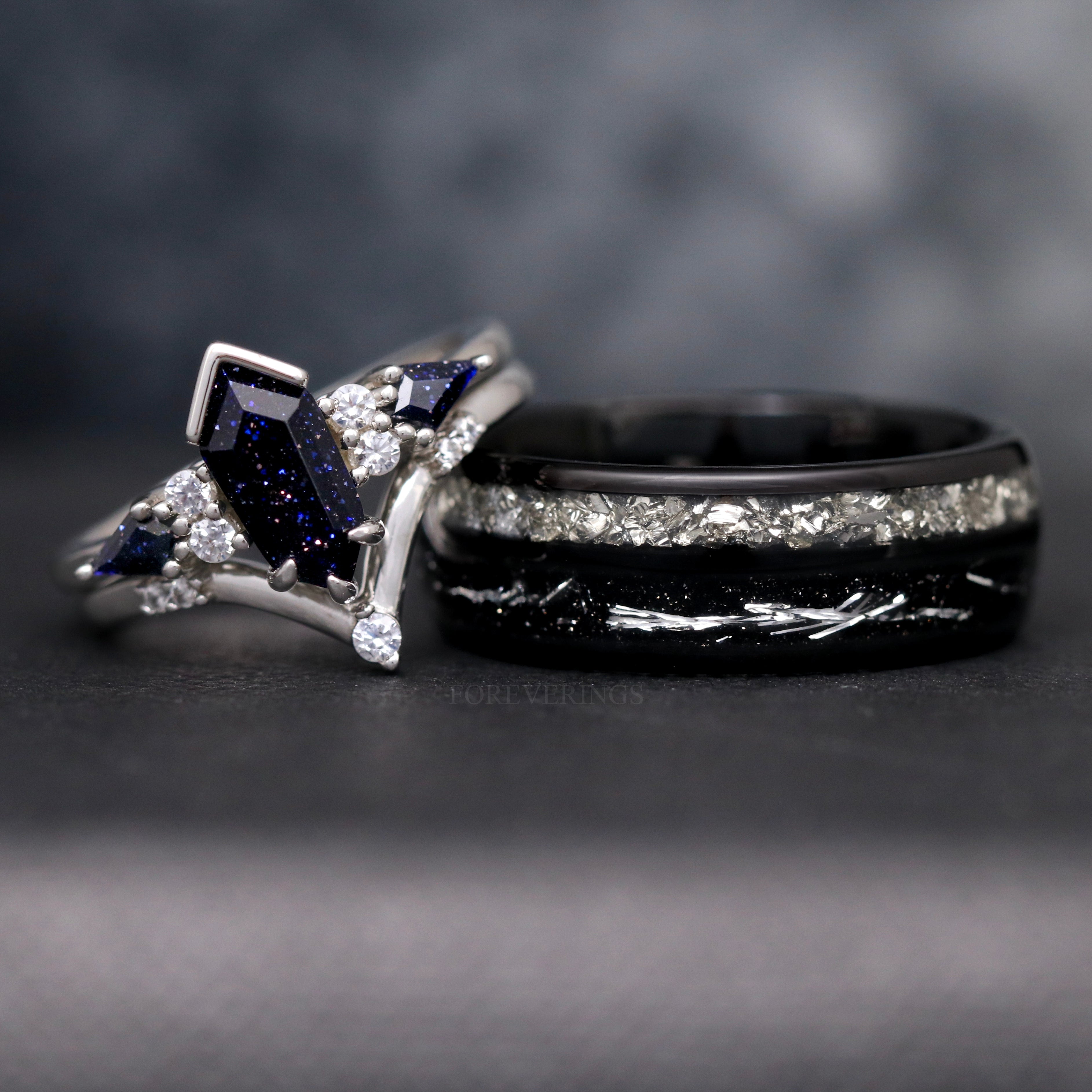 Night Court Fantasy Wedding Ring Set, Couples Wedding Band, His and Her Space Rings, Great Rift Nebula Ring, Tungsten & Sterling Silver, Blue Sandstone