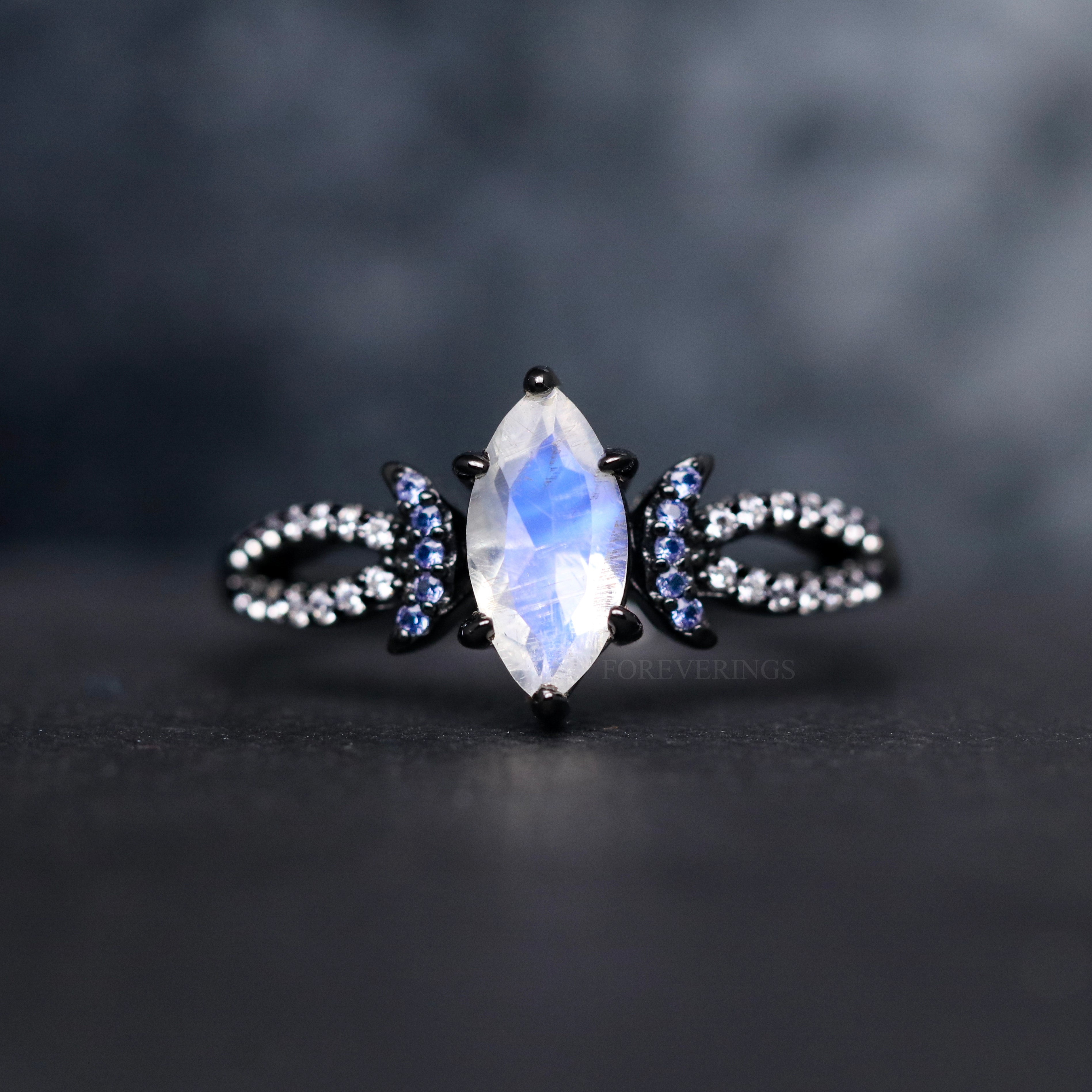 Lunara Moonstone Wedding Ring, Witchy Engagement Ring, Nontraditional Marquise Cut, 925 Sterling Silver, Unique Promise Ring, Women Black Band