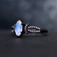 Lunara Moonstone Glow Ring Set, Couples Engagement Ring, Matching His and Her Band, Unique Promise Ring, Crescent Moon, Fantasy Wedding Ring