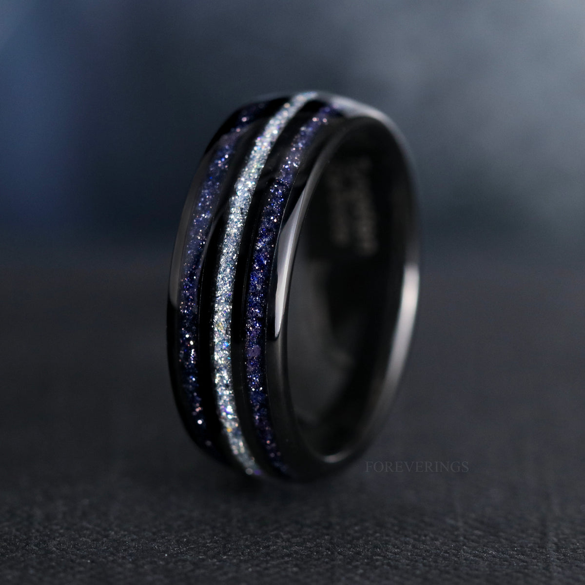 Men's Moonstone Ring – Black Nebula Tungsten Wedding Band, Starry Night Celestial Promise Ring, Natural Moonstone & Sandstone