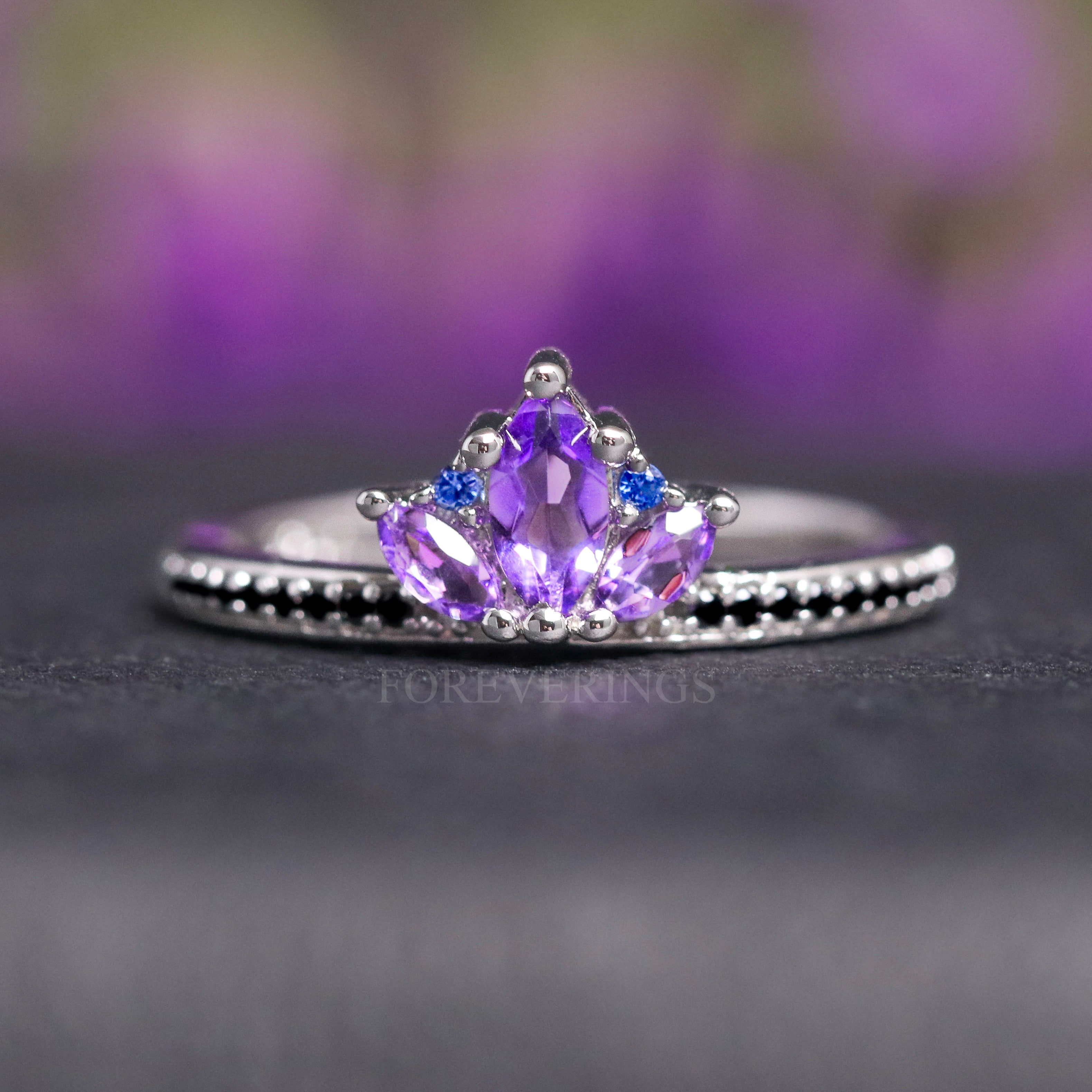 Natural Amethyst Lotus Engagement Ring, Silver Stacking Band, Unique Womens Wedding Ring, Crab Nebula Promise Ring, Anniversary Gift for Her