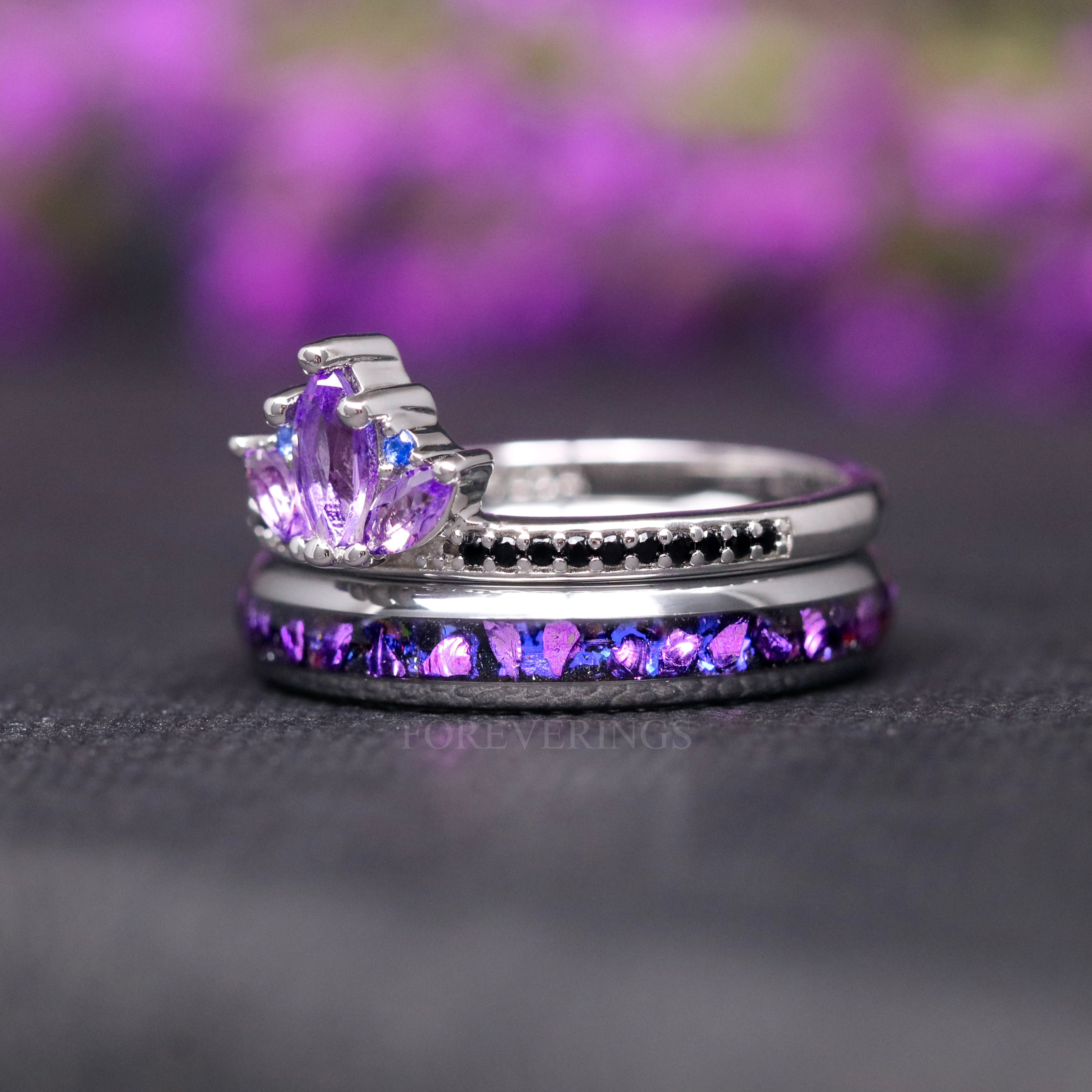 Natural Amethyst Lotus Engagement Ring, Stacking Silver Band, Unique Women’s Wedding Ring, Crab Nebula Promise Ring, Cosmic Gift for Her