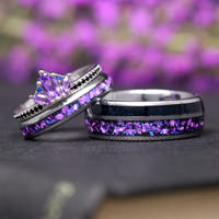 Amethyst Lotus Couples Ring Set – His & Hers Matching Wedding Rings, Natural Amethyst, Crab Nebula Cosmic Engagement Ring Set, Promise Set