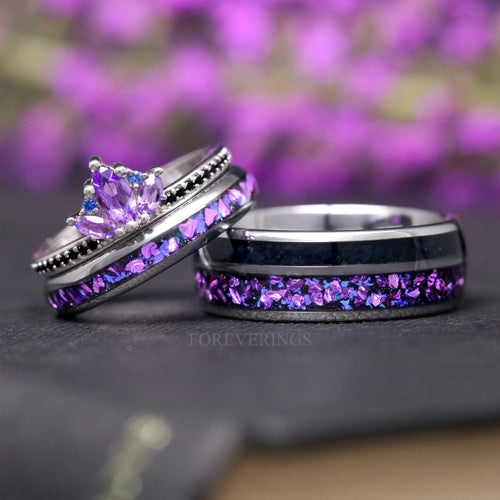 Amethyst Lotus Couples Ring Set – His & Hers Matching Wedding Rings, Natural Amethyst, Crab Nebula Cosmic Engagement Ring Set, Promise Set