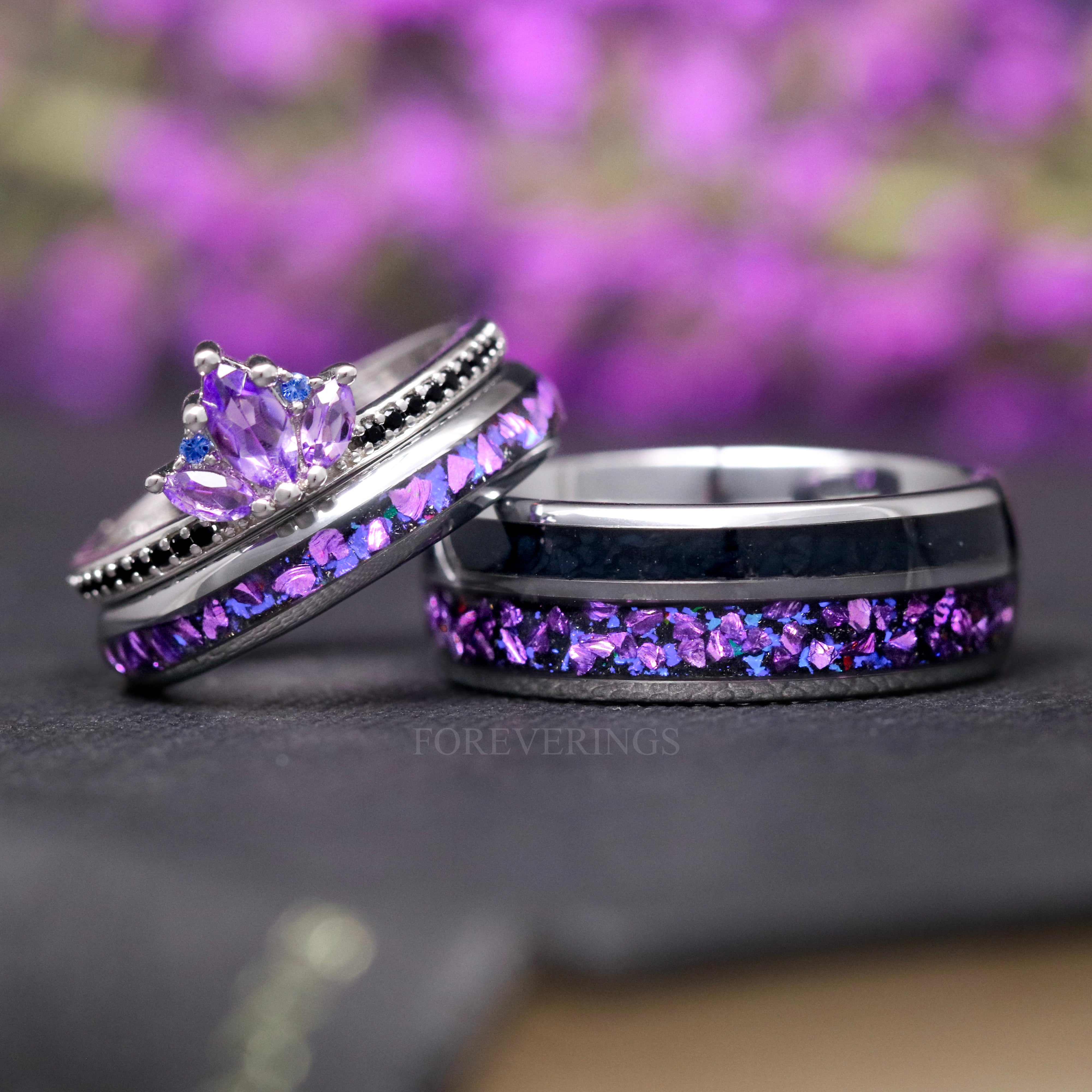 Amethyst Lotus Couples Ring Set – His & Hers Matching Wedding Rings, Natural Amethyst, Crab Nebula Cosmic Engagement Ring Set, Promise Set