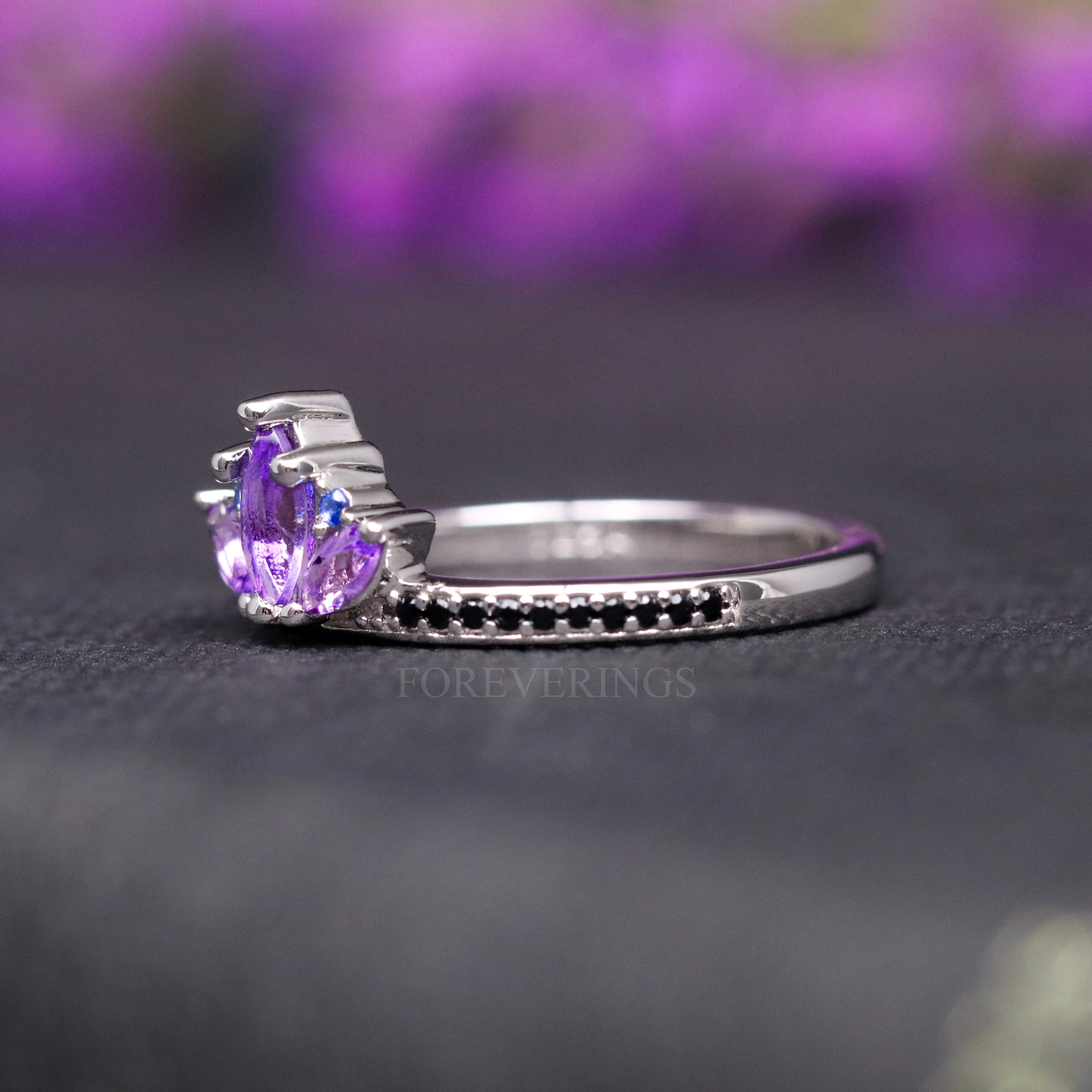 Natural Amethyst Lotus Engagement Ring, Silver Stacking Band, Unique Womens Wedding Ring, Crab Nebula Promise Ring, Anniversary Gift for Her