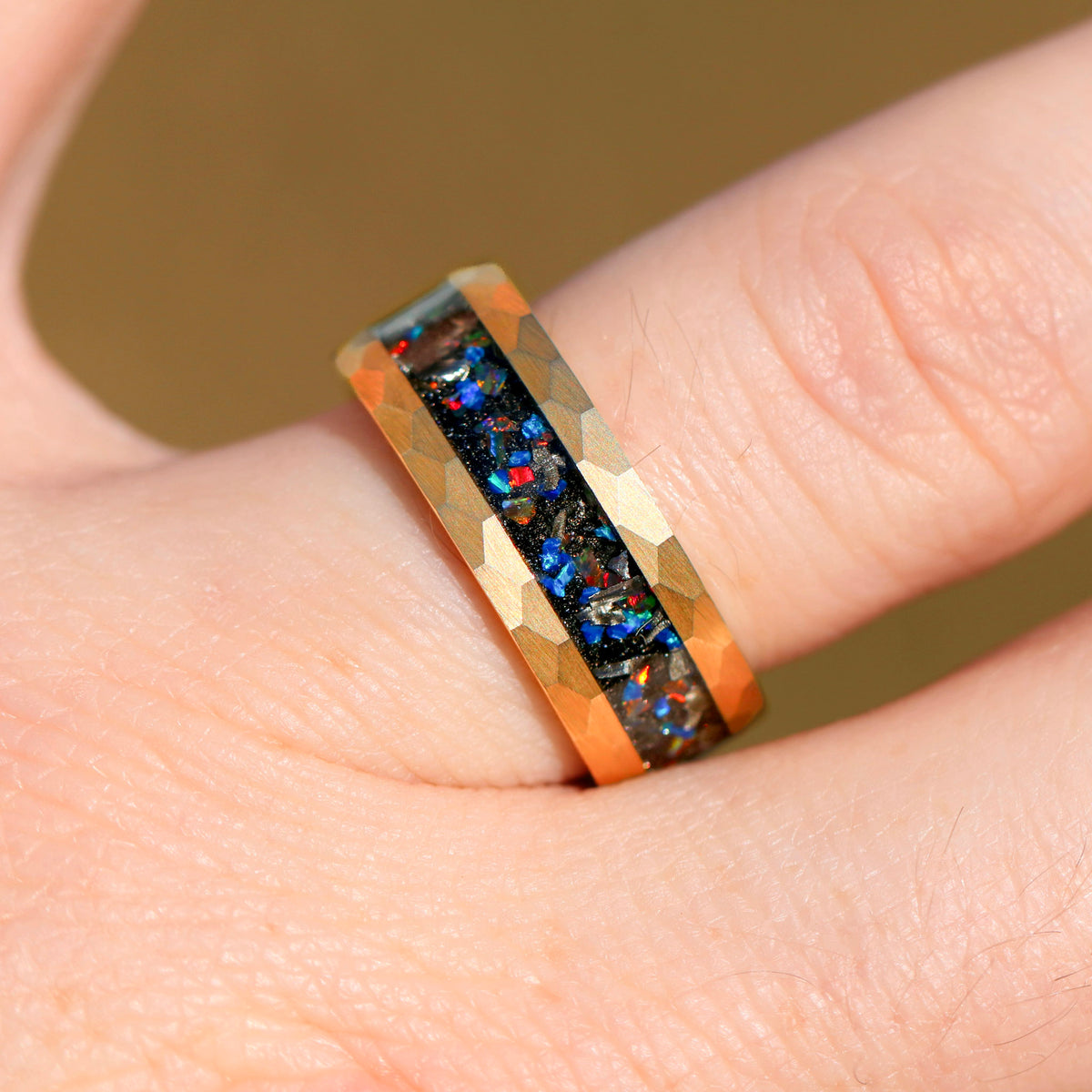 Meteorite and Galaxy Opal Ring Set, His and Hers Tungsten Wedding Band, 8mm & 4mm Yellow Gold Rings, Hammer, Flat, Brush, Comfort Fit
