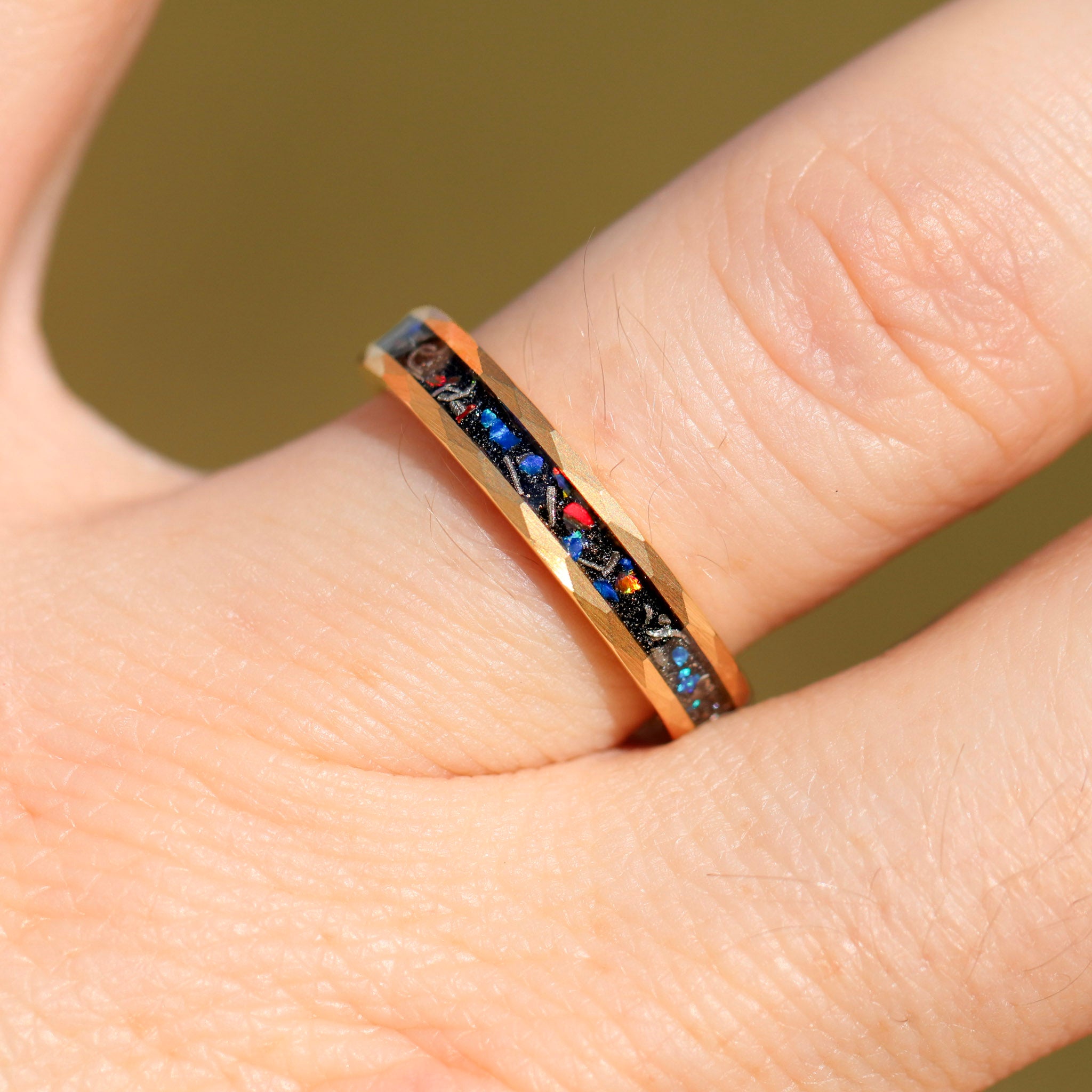 Meteorite and Galaxy Opal Ring Set, His and Hers Tungsten Wedding Band, 8mm & 4mm Yellow Gold Rings, Hammer, Flat, Brush, Comfort Fit