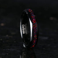 His and Hers Tungsten Wedding Band, Crushed Black Fire Opal Ring, 8mm & 4mm Black Tungsten Ring Set, Couples Ring, Polish, Dome, Comfort Fit