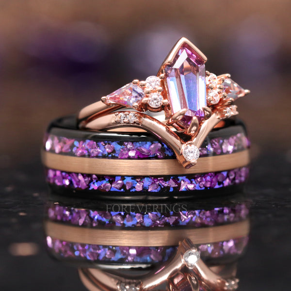 Couples Alexandrite Engagement Ring Set | Crab Nebula Inspired