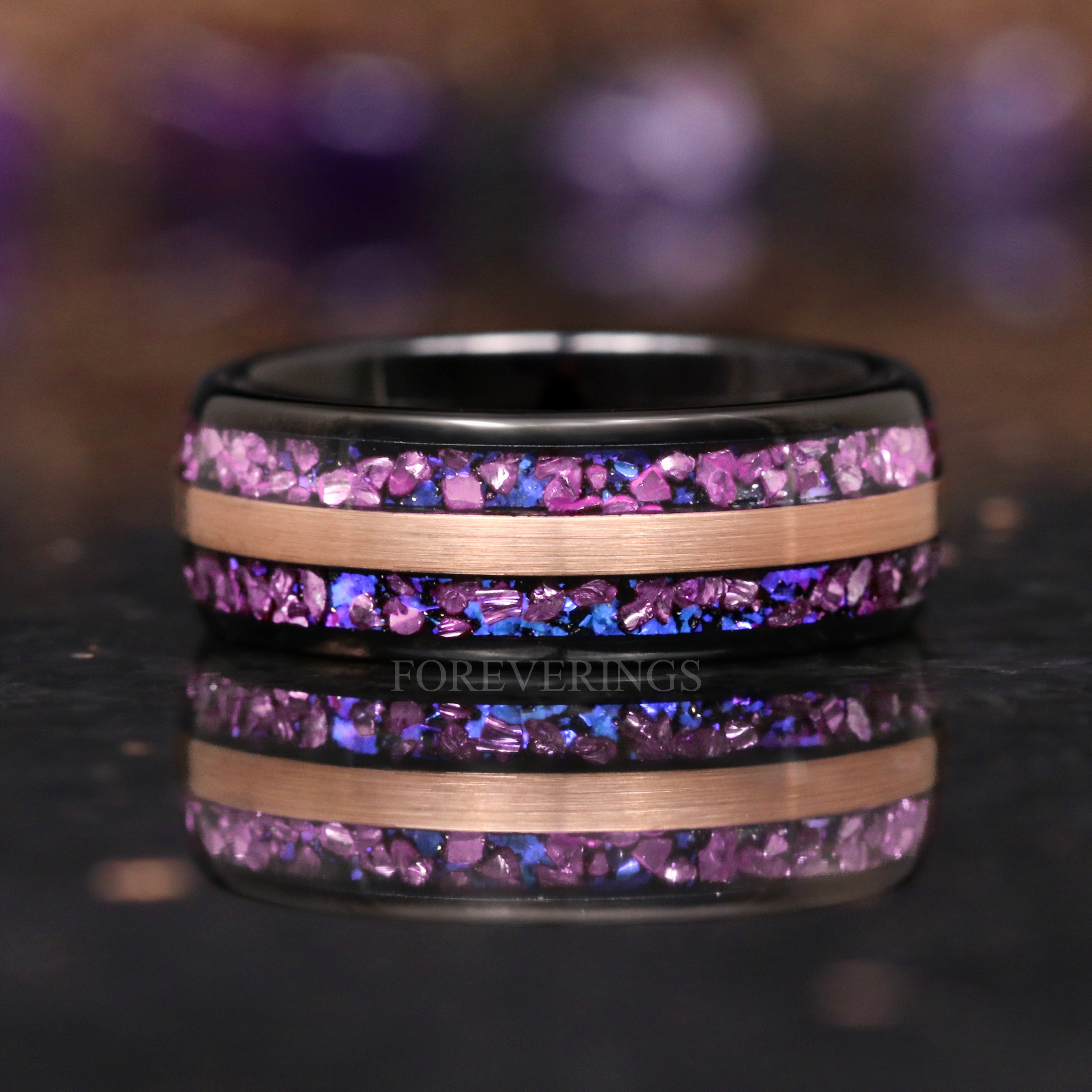 Crab Nebula Ring, Alexandrite Wedding Band, 8mm Black Tungsten Ring, Rose Gold Strip, Space-Inspired, Unique Purple Promise Ring for Him