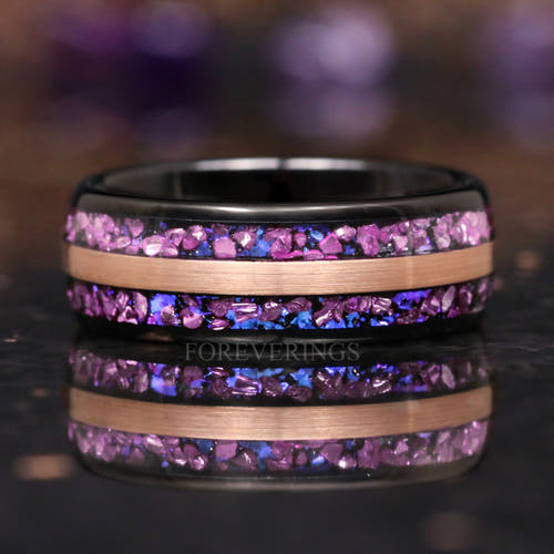 Men's 8mm black tungsten ring with crushed alexandrite inlay and a brushed rose gold center strip