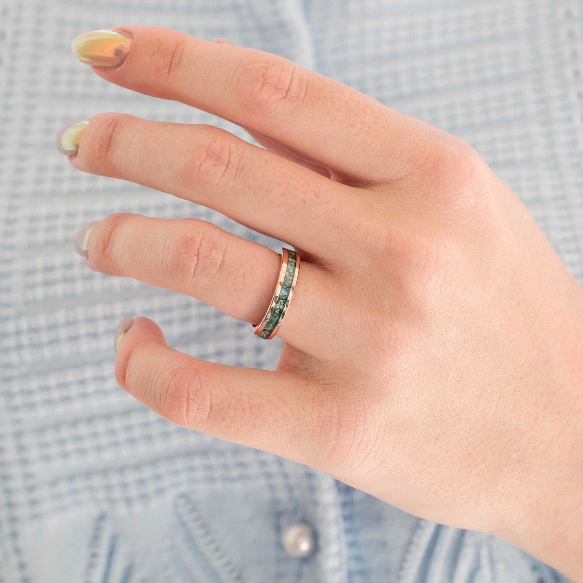 Couples wedding ring set with moss agate gemstone