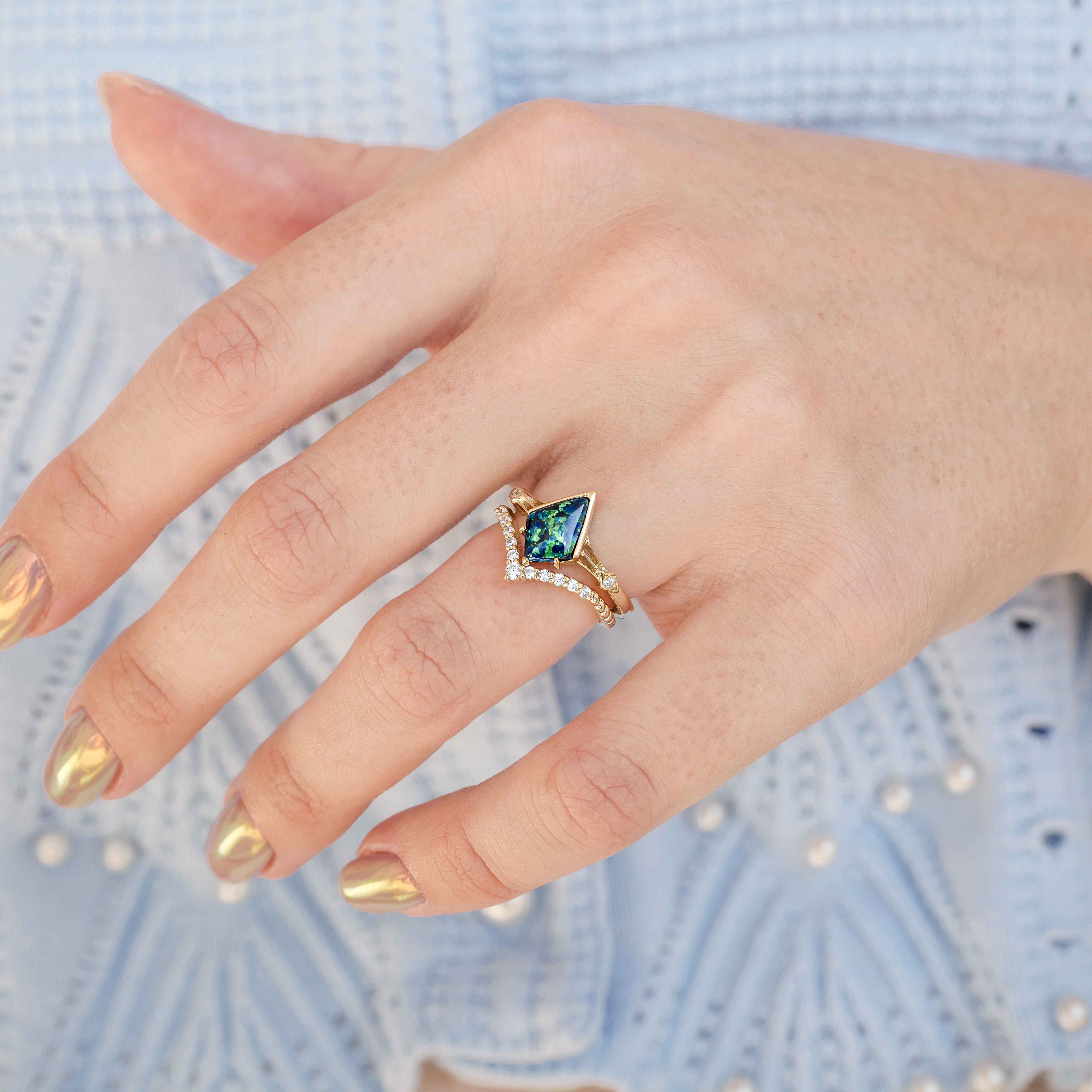 Gold Celtic Kite Opal Engagement Ring Set, Blue Green Emerald Opal, Braided Chevron Wedding Band, Unique Alternative Promise Ring for Her