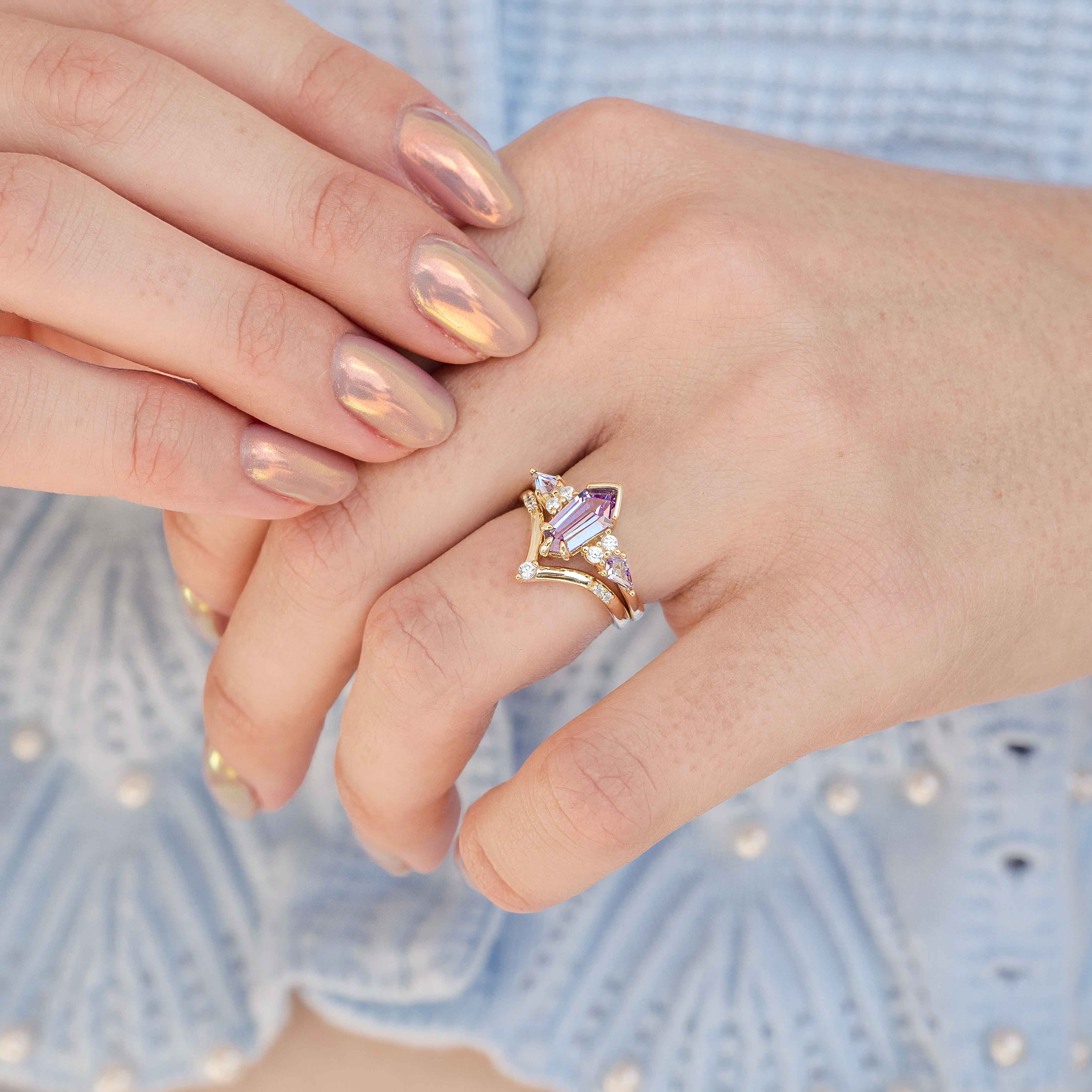 His and Her Gold Alexandrite Ring Set, Couple Crab Nebula Ring, Space Gold Wedding Band, 925 Sterling Silver and Gold Tungsten Ring Set