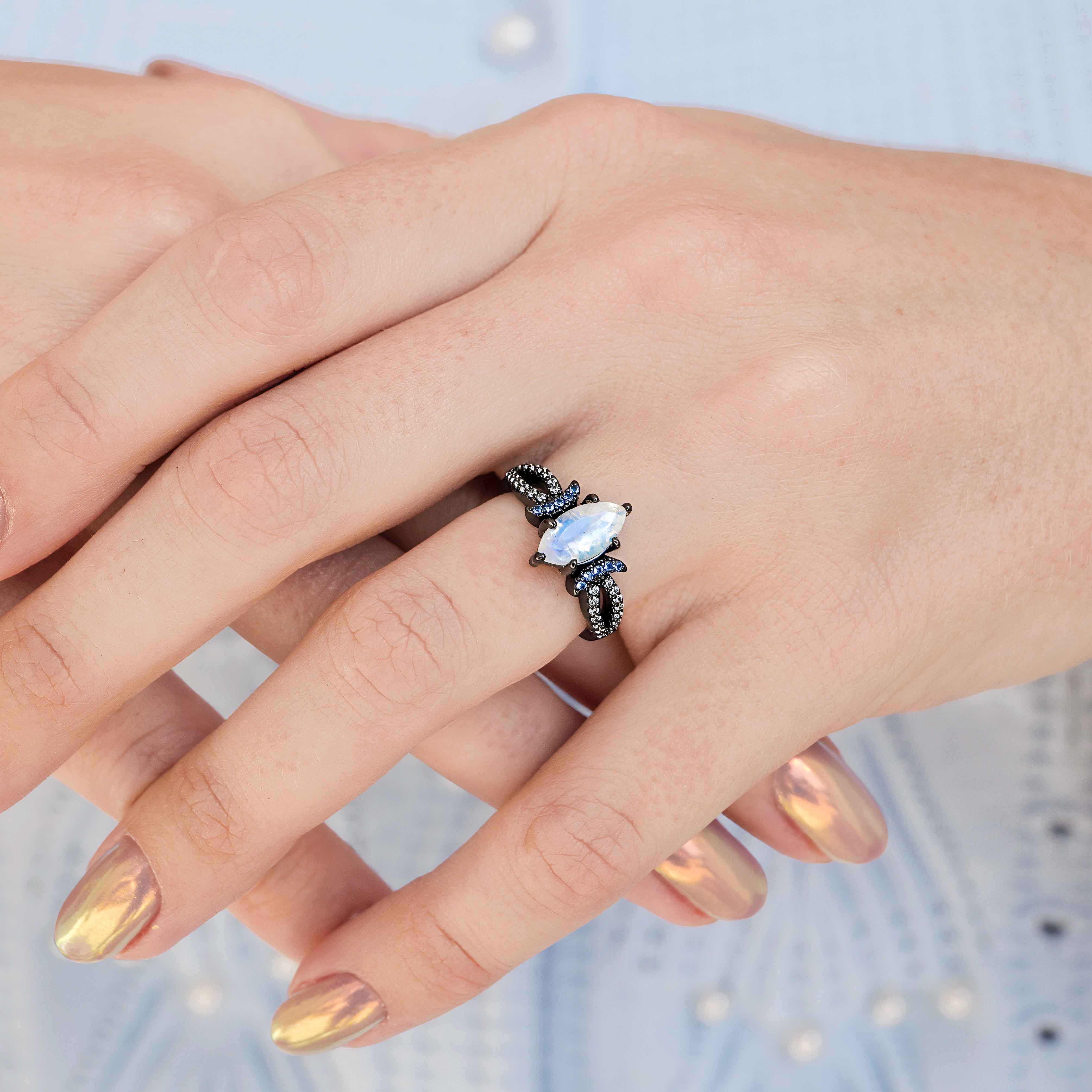 Lunara Couples Moonstone Ring Set, His and Her Wedding Ring Set, Unique Promise Ring, Crescent Moon, Black Fantasy Ring for Couples