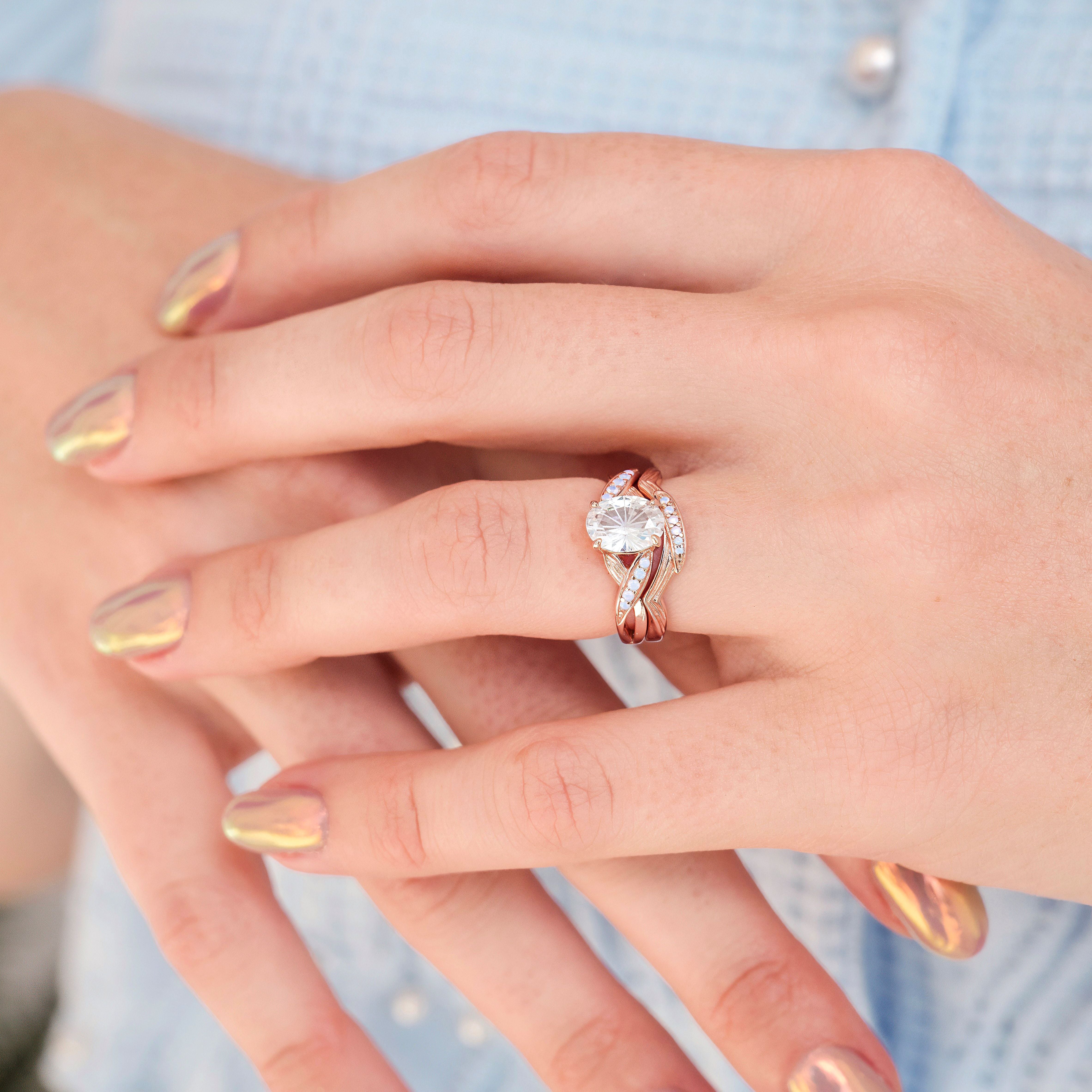 White Lotus Couples Ring Set, His and Her Rings, Matching Rose Gold Band Set, Nature Inspired Rings, Fantasy Cut White Sapphire Flower Ring