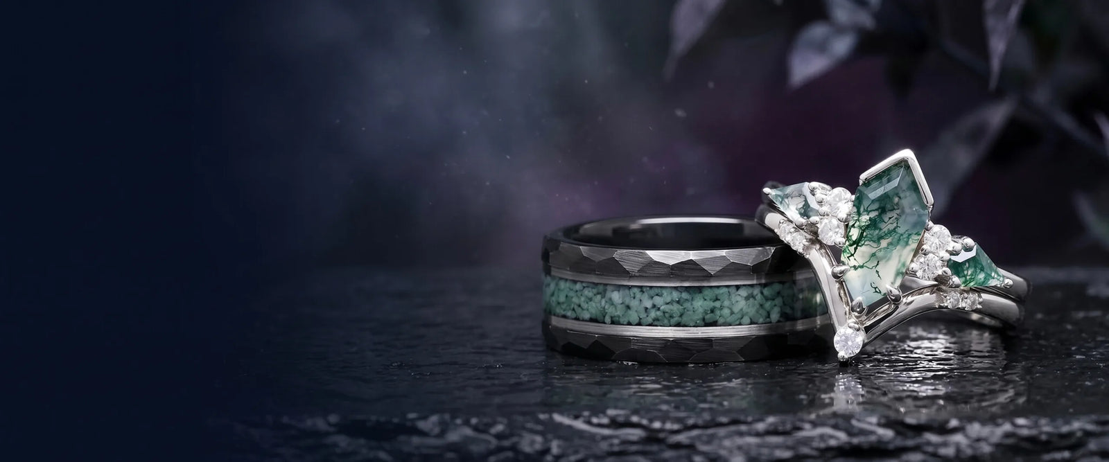 Green Moss Agate Couples Ring Set