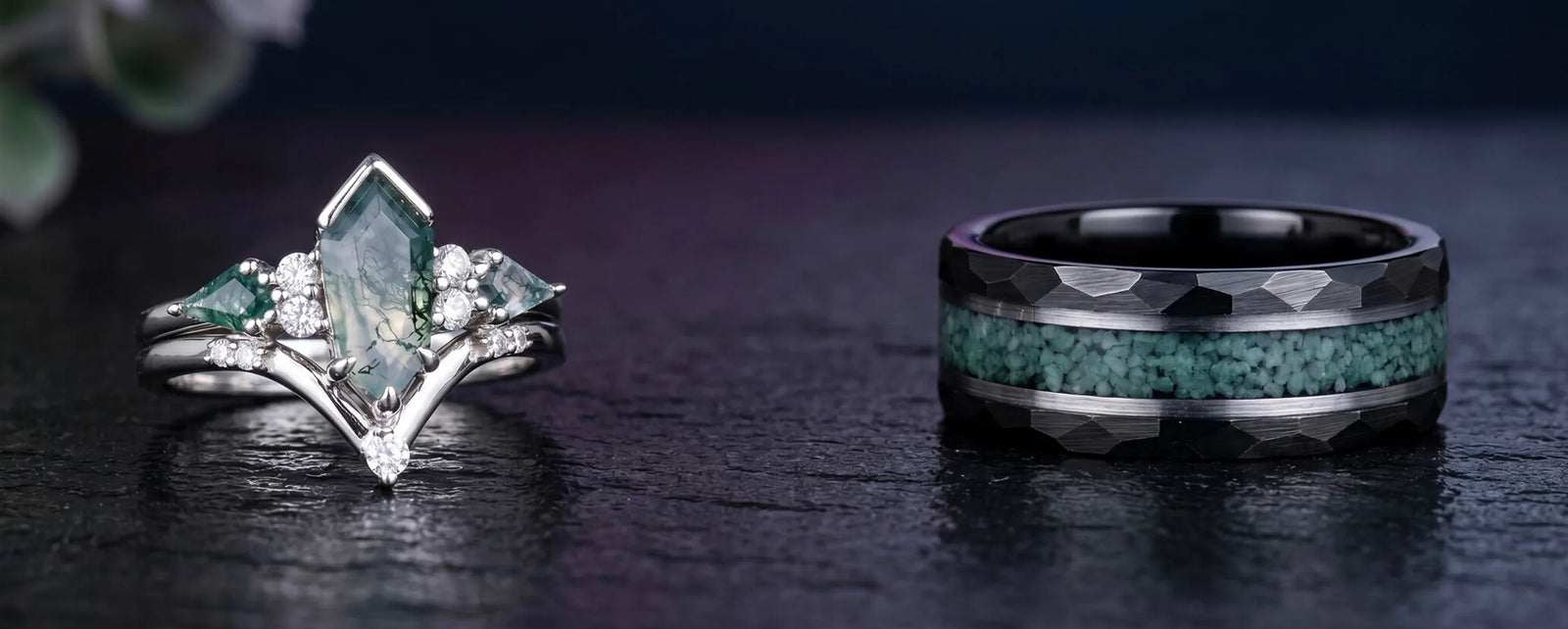 Green moss agate rings shown on hand