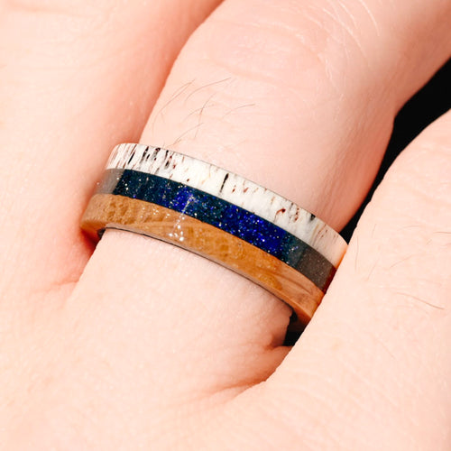 Mens Whiskey Barrel Ring, Antler Wedding Band, Black Nebula Ring, Blue Sandstone, Unique Engagement Ring, Promise Ring, Nature, Ring Engrave