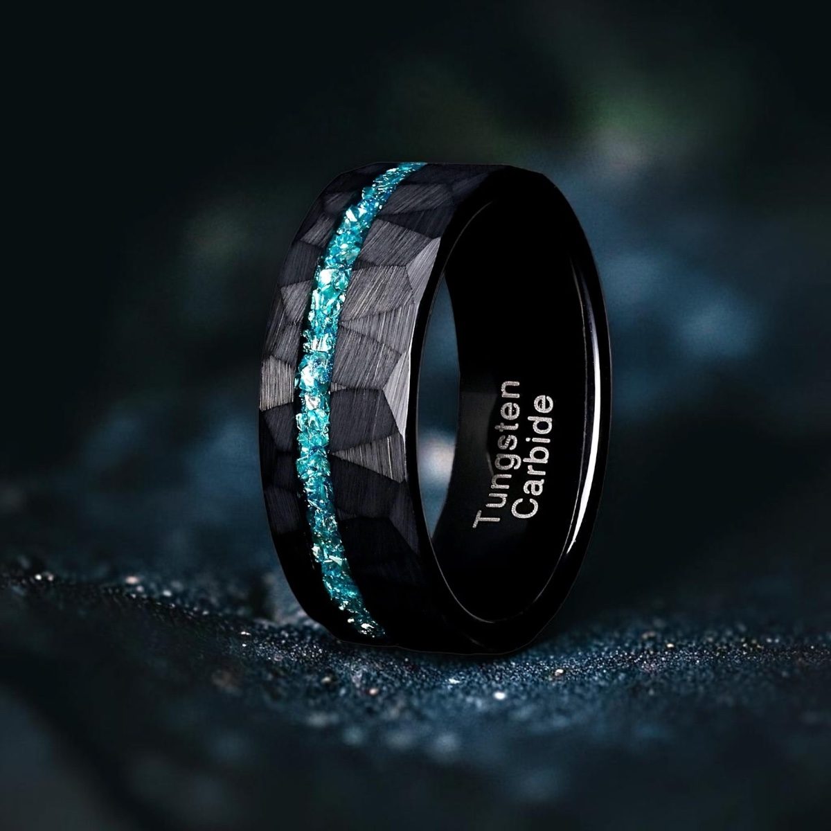 Men's aquamarine ring in hammered black tungsten with teal crushed stone inlay