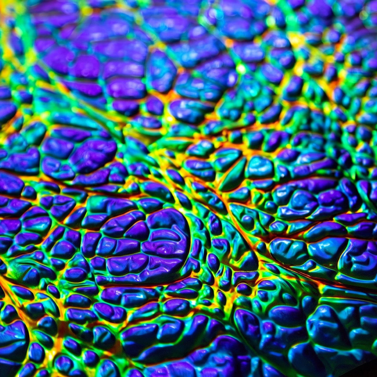 Close-up of Azure Dichrolam Black Sea Burl, the color-shifting blue, green and purple inlay material used in the Azure ring